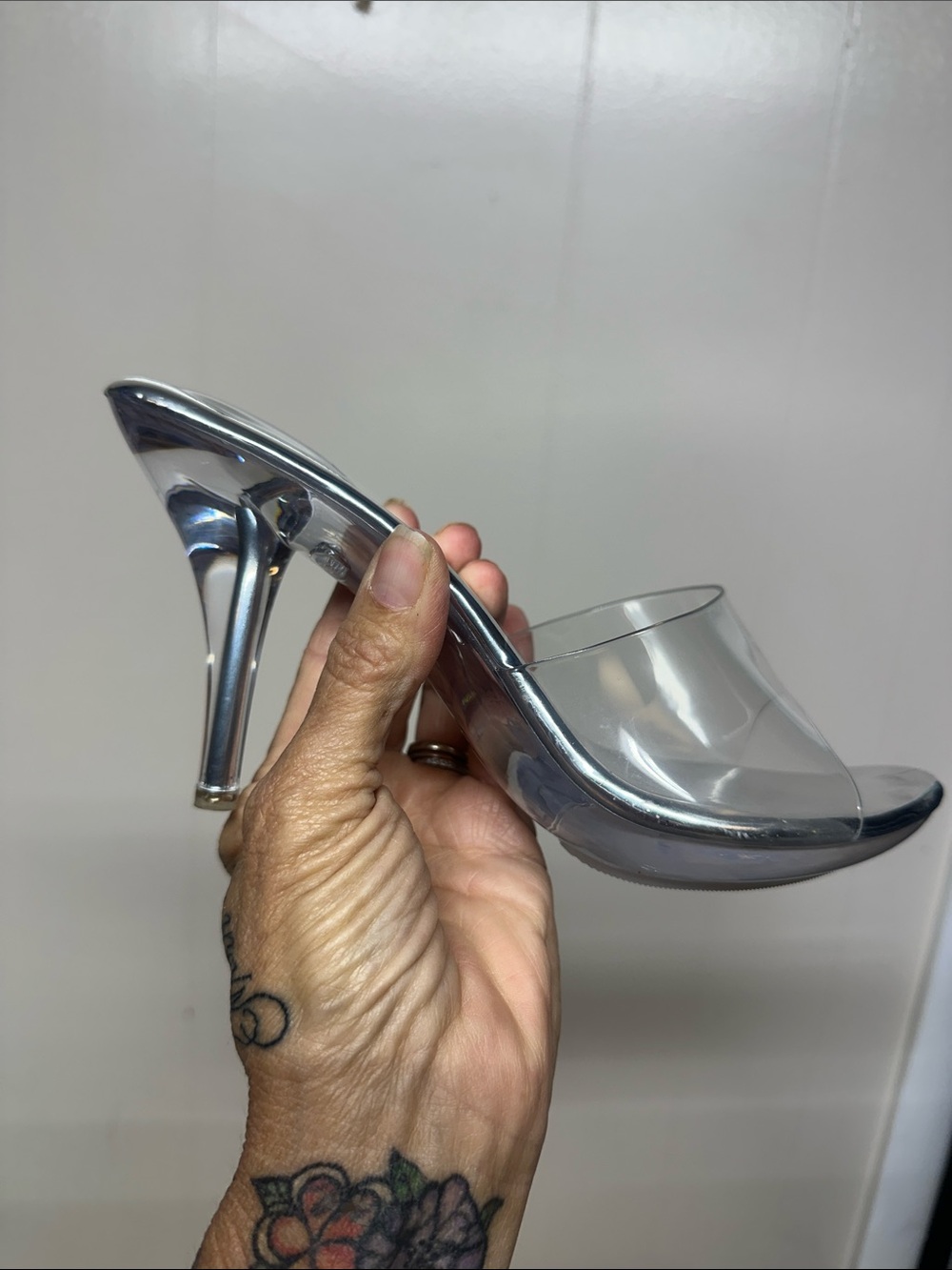 Clear Cinderella Vinyl Mule Heels with Silver Mirror Finish